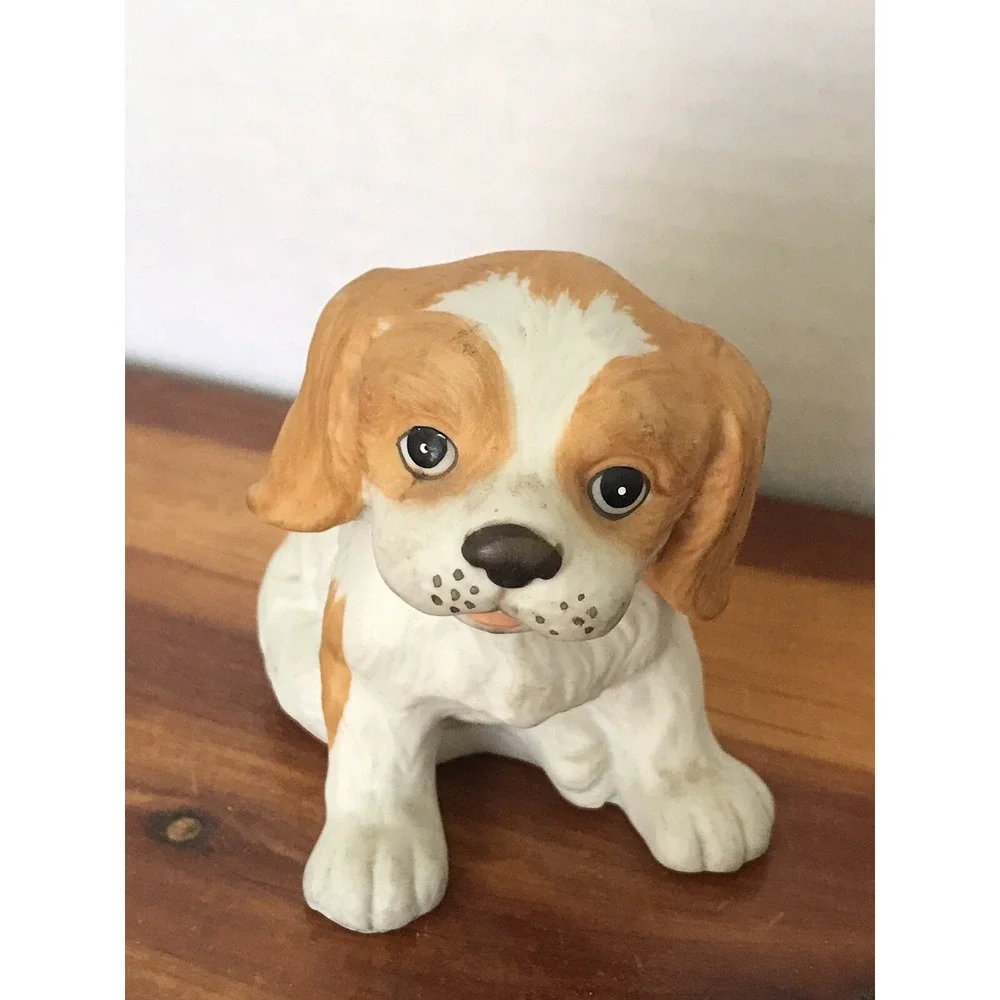 1990 Spaniel Puppy Dog Ceramic Figurine, Cute Brown White Dog‎ Collector Decor